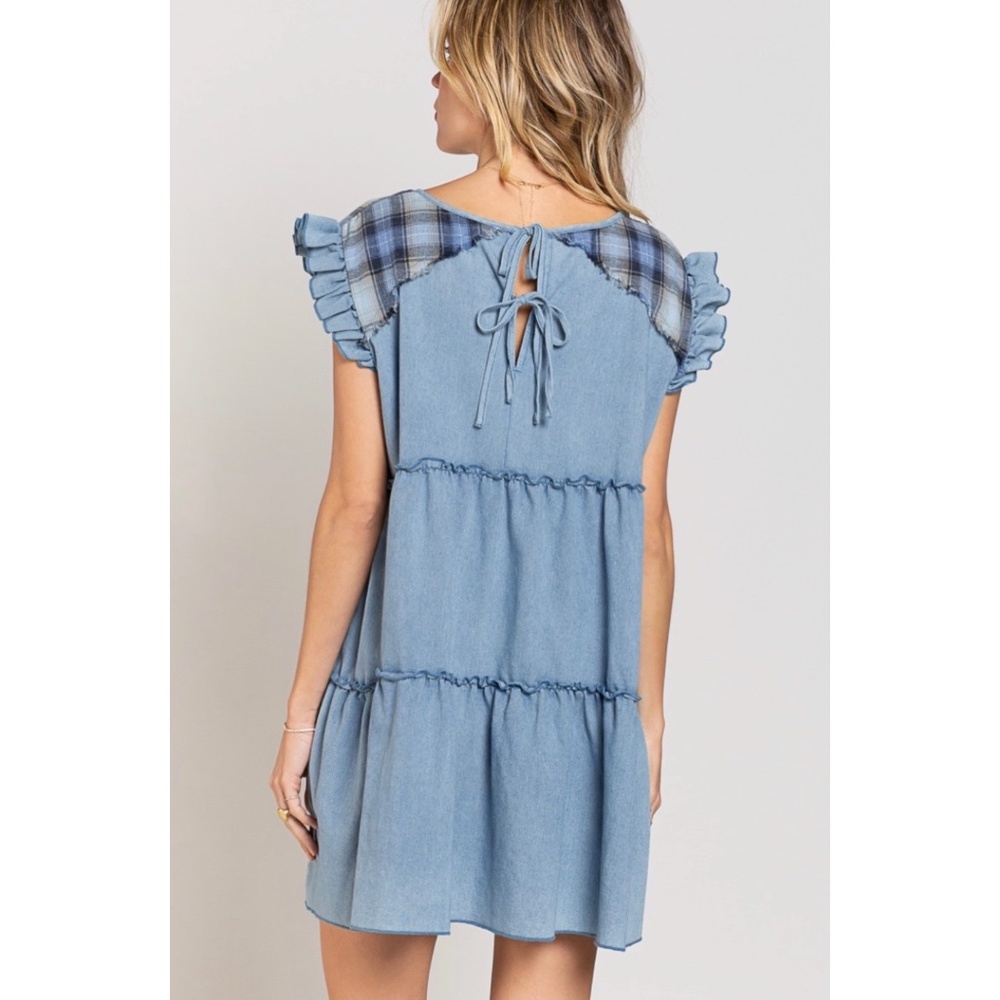 POL V Neck Ruffle Sleeve Denim Babydoll Dress with Plaid - Picture 3 of 5